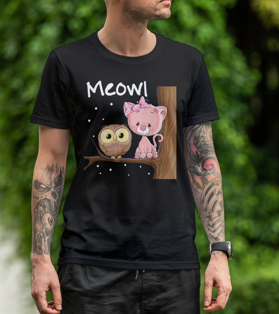 Meowl Funny Cat Humor Owl Novelty Bow Polka Dot Nighttime Tree Branch T-Shirt