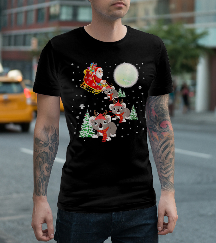 Funny Santa Riding Koala Sleigh Christmas Snowflakes T-Shirt