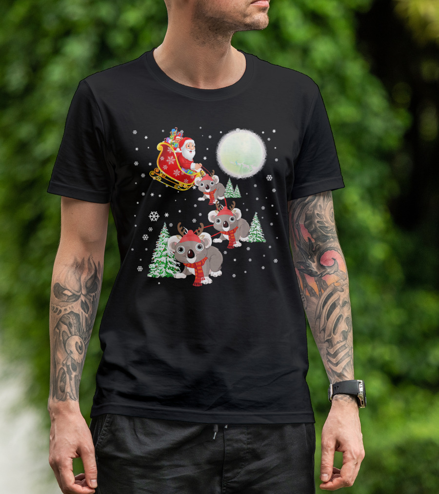 Funny Santa Riding Koala Sleigh Christmas Snowflakes T-Shirt