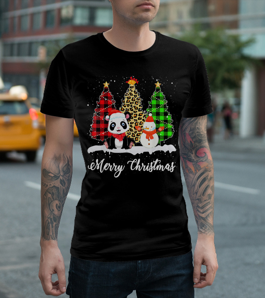 Merry Christmas Panda Bear Snowman Buffalo Plaid Leopard Trees T-Shirt