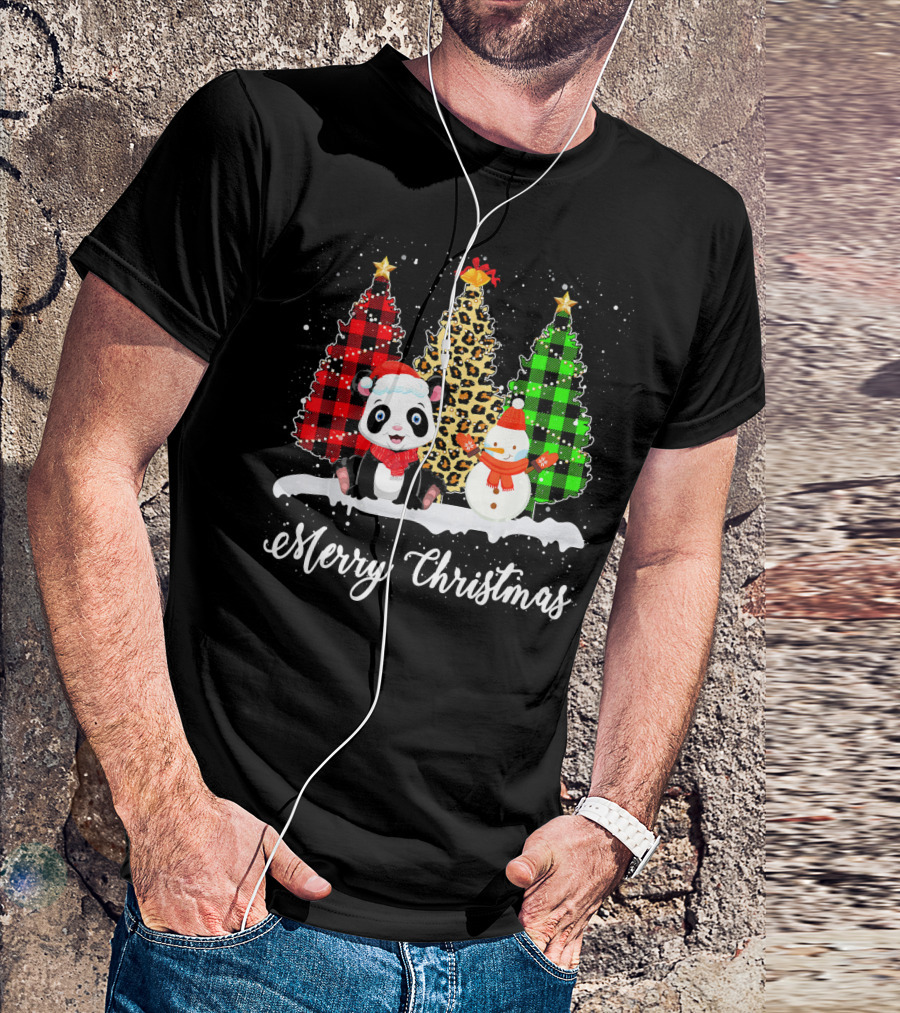 Merry Christmas Panda Bear Snowman Buffalo Plaid Leopard Trees T-Shirt