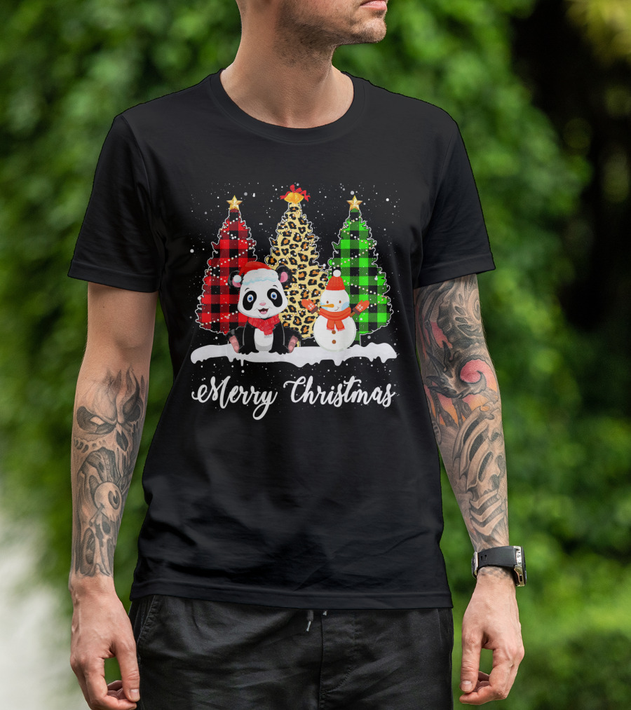 Merry Christmas Panda Bear Snowman Buffalo Plaid Leopard Trees T-Shirt