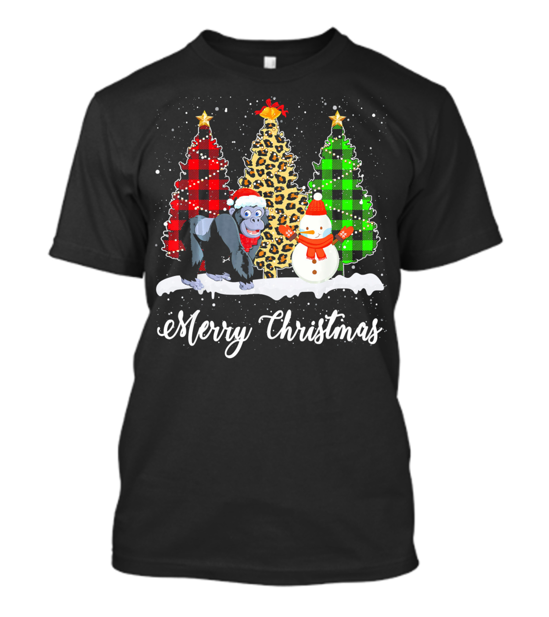 Merry Christmas Funny Gorilla And Leopard Snowman Tree T-Shirt