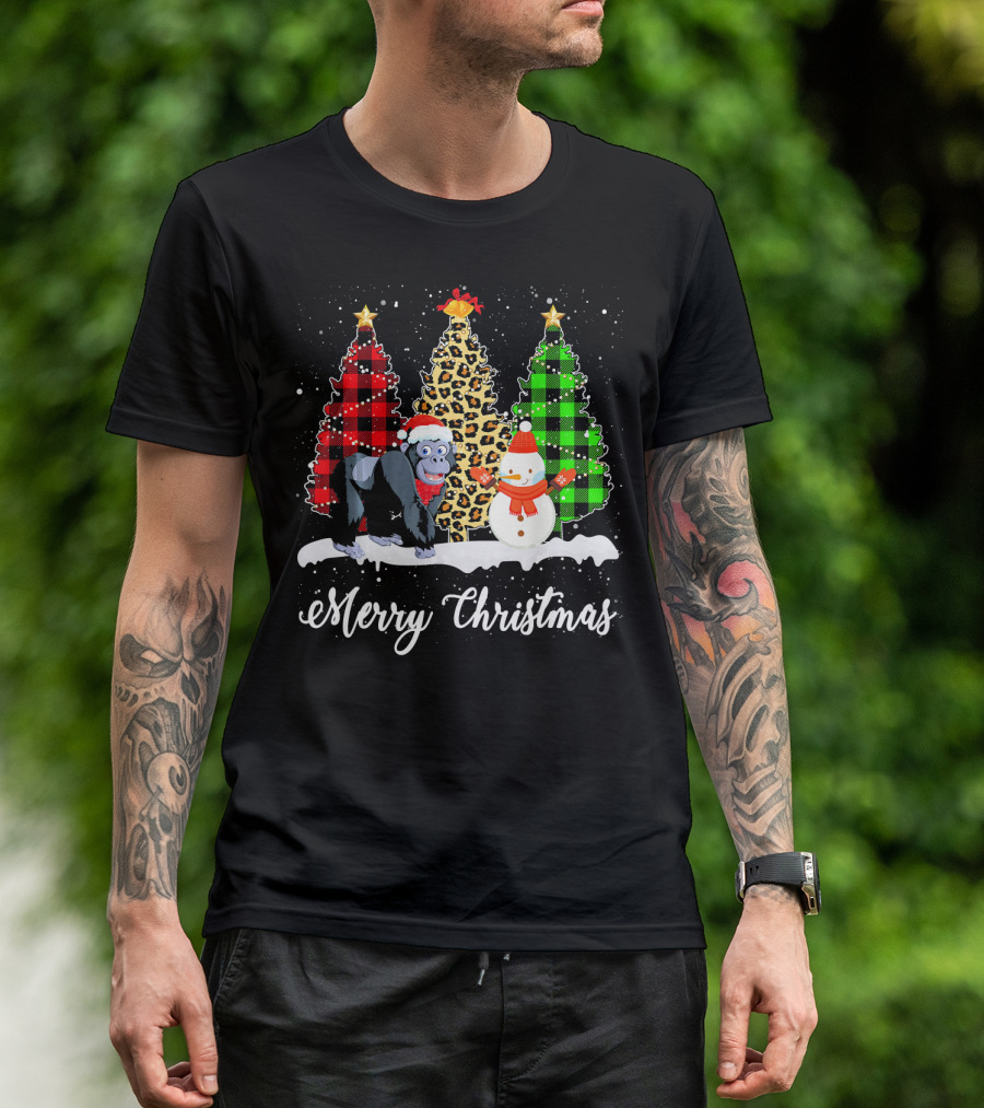 Merry Christmas Funny Gorilla And Leopard Snowman Tree T-Shirt
