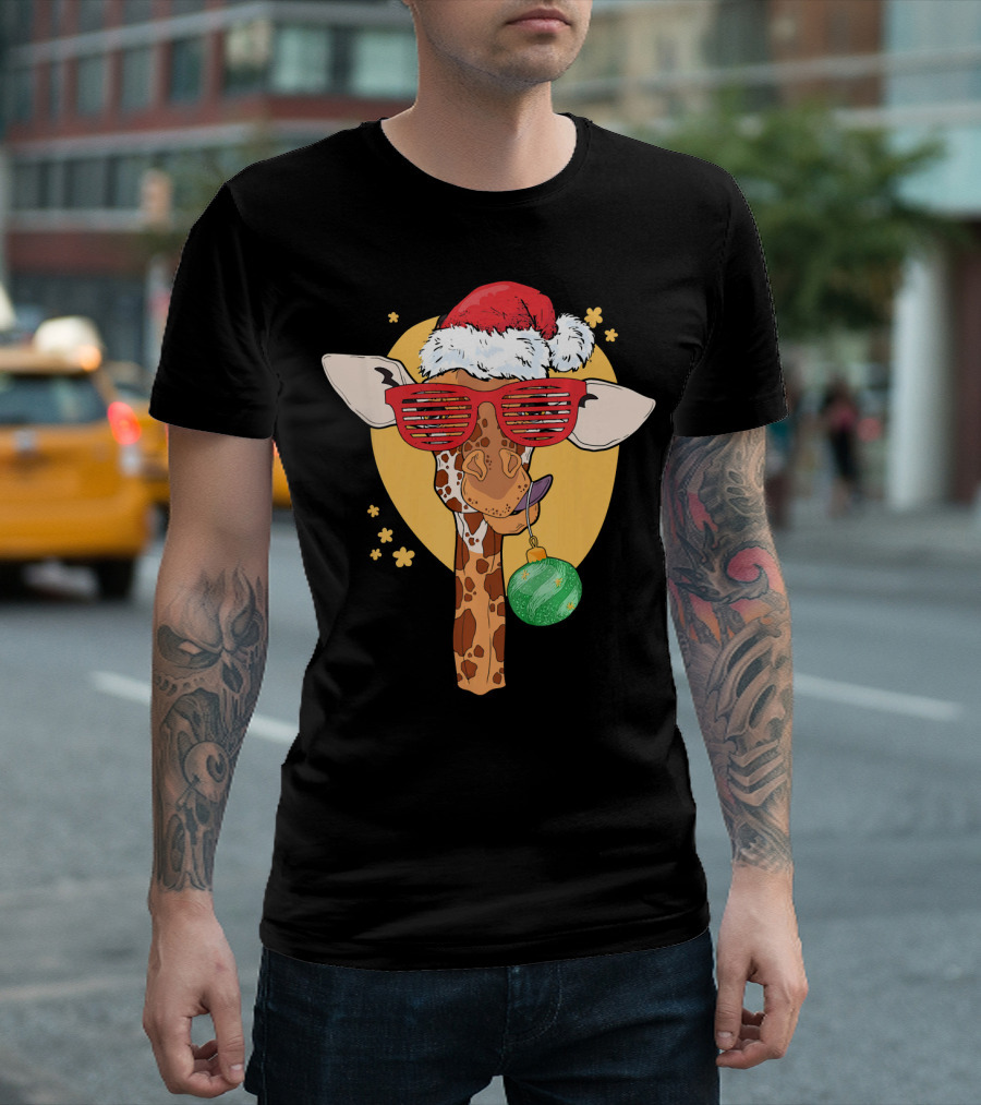 Funny Christmas Giraffe Santa Hat Red Glasses T-Shirt