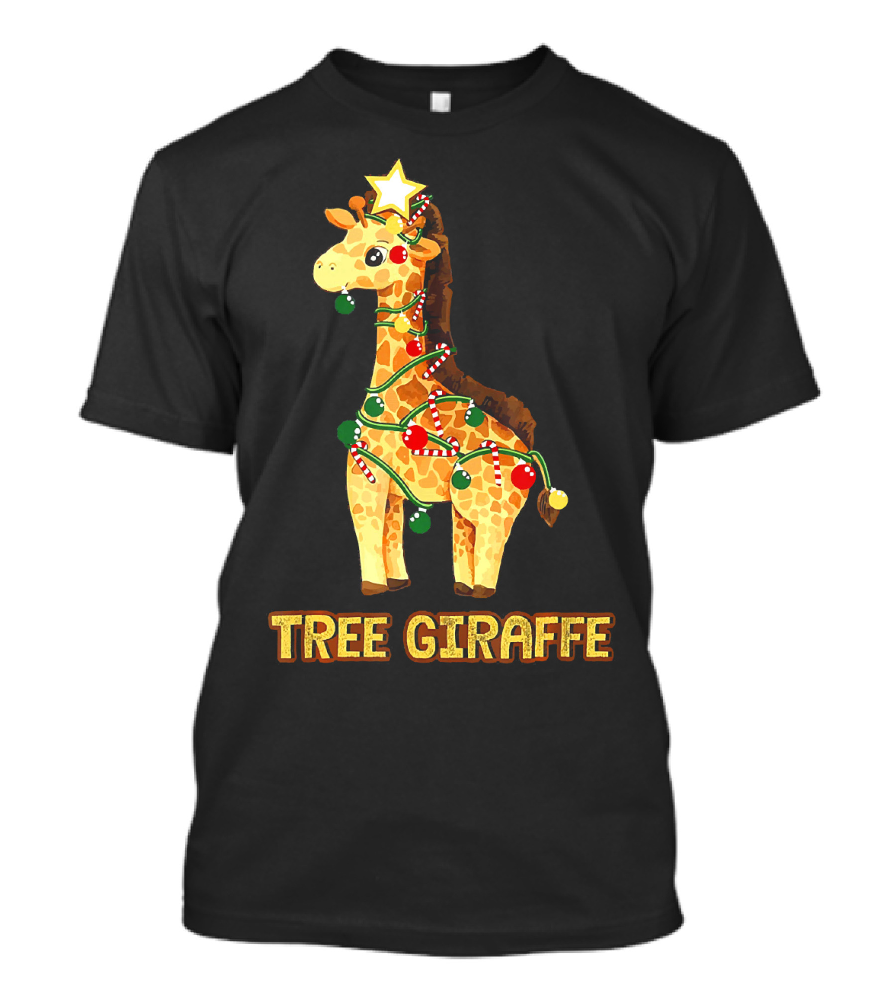 Tree Giraffe Xmas Holiday Lights Candy Cane Star T-Shirt