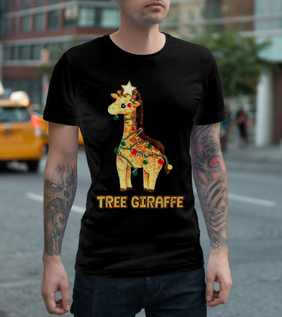Tree Giraffe Xmas Holiday Lights Candy Cane Star T-Shirt