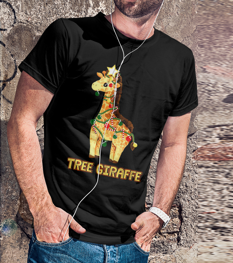 Tree Giraffe Xmas Holiday Lights Candy Cane Star T-Shirt