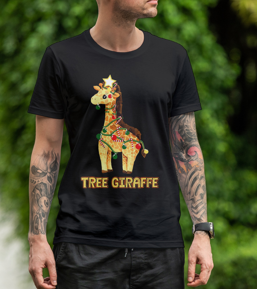 Tree Giraffe Xmas Holiday Lights Candy Cane Star T-Shirt