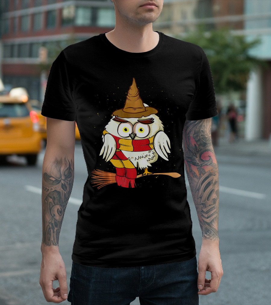Funny Cute Owl Harry Magical Wizard Pott Broomstick Scarf Hat T-Shirt