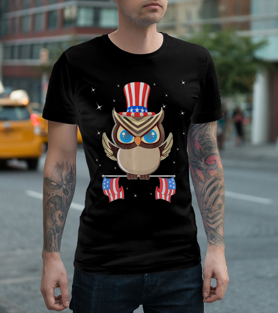 Patriotic Owl With Stars And Stripes Hat Celebrating America Freedom T-Shirt