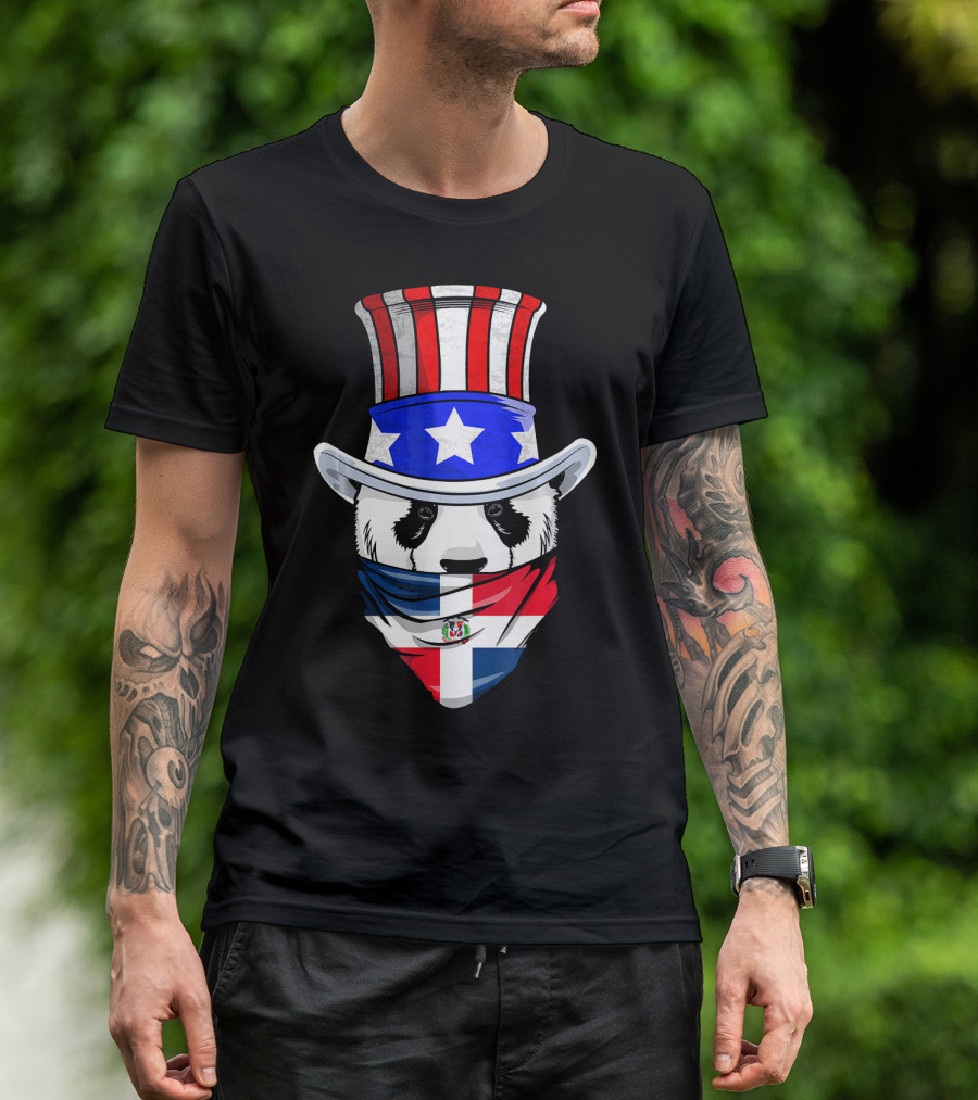 Dominican Panda Bear Uncle Sam Hat Dominican Republic Flag T-Shirt