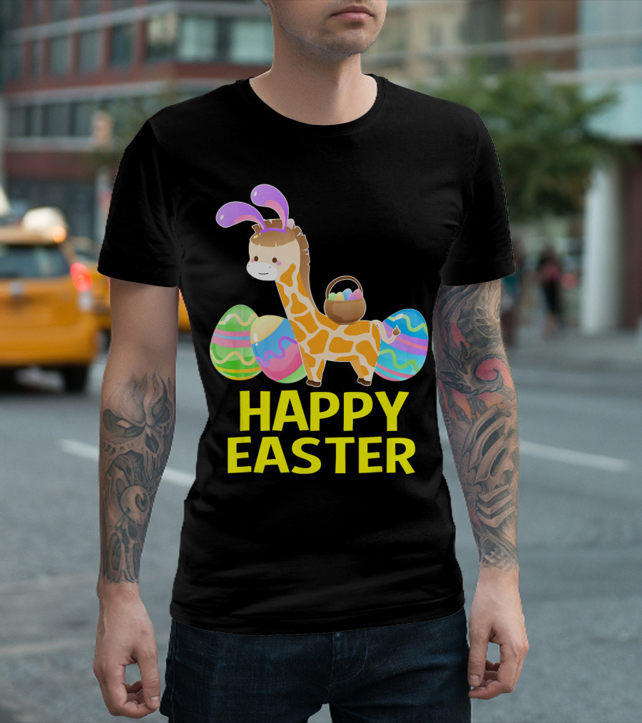 Happy Easter Giraffe Bunny With Colorful Eggs T-Shirt
