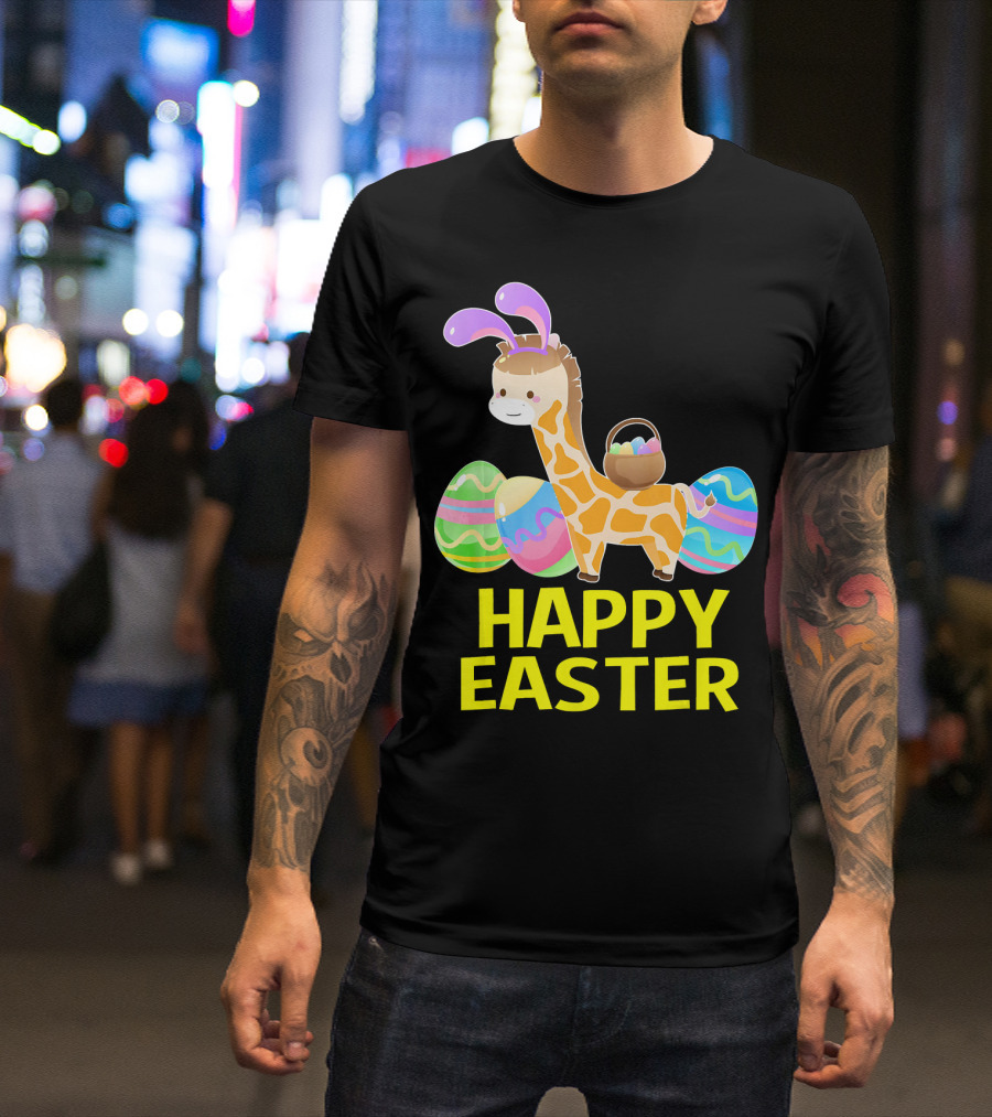 Happy Easter Giraffe Bunny With Colorful Eggs T-Shirt