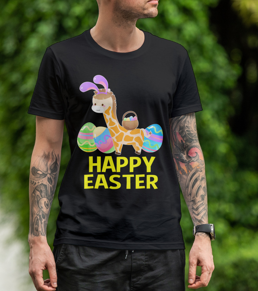 Happy Easter Giraffe Bunny With Colorful Eggs T-Shirt