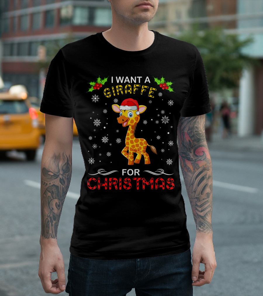 I Want A Giraffe For Christmas Festive Holiday Santa Hat Fun T-Shirt
