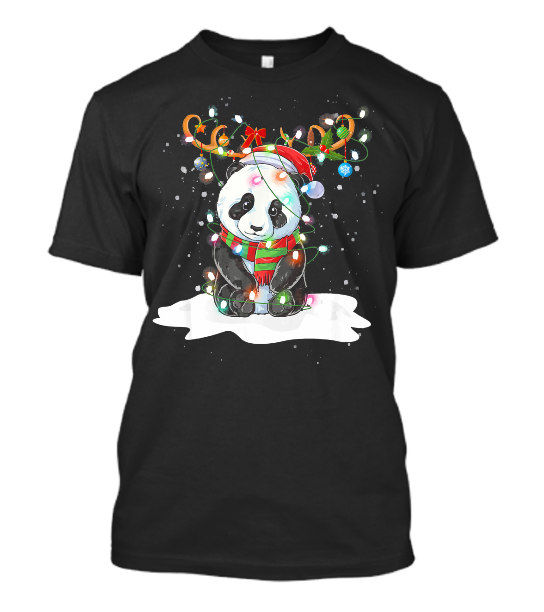 Funny Panda Christmas Reindeer Lights Snow Hat T-Shirt