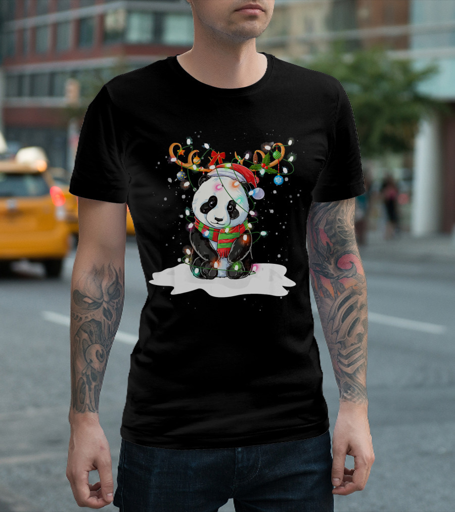 Funny Panda Christmas Reindeer Lights Snow Hat T-Shirt