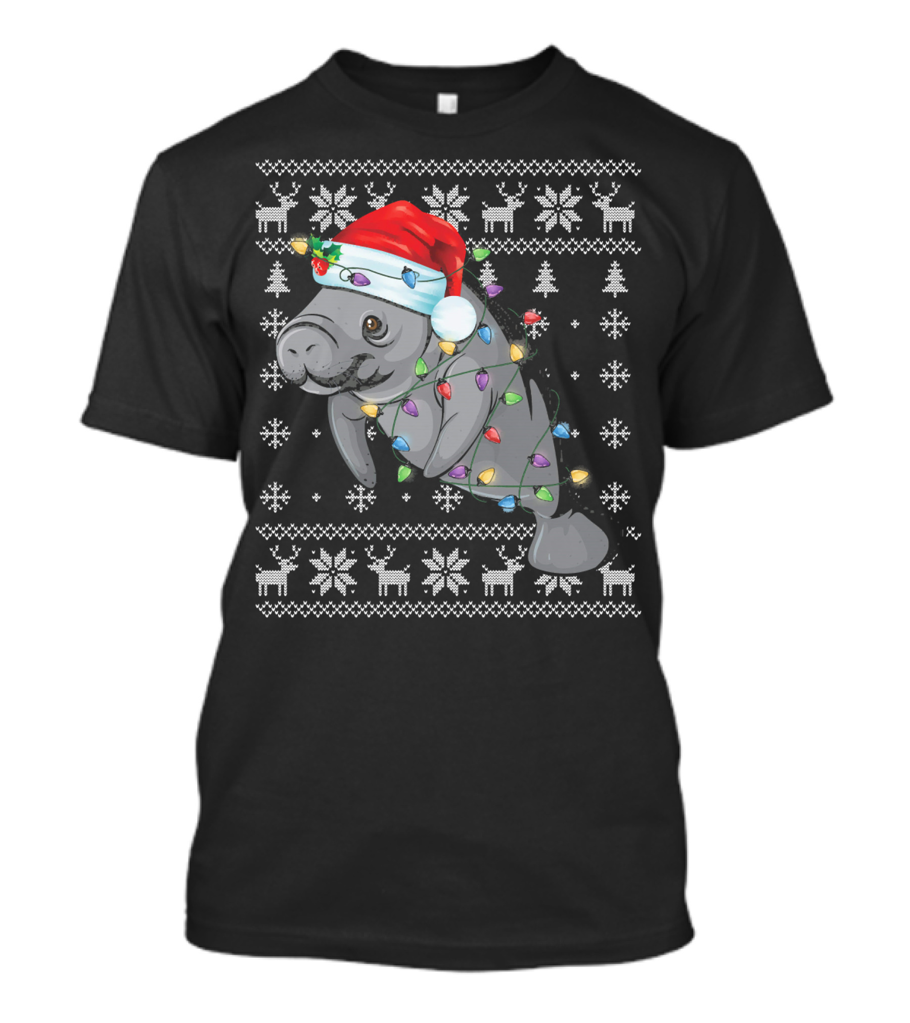 Funny Manatee In Santa Hat Ugly Christmas Lights Reindeer Snowflakes T-Shirt