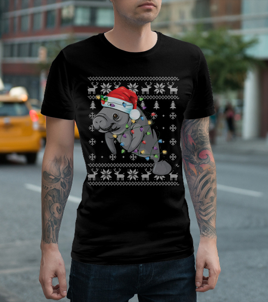 Funny Manatee In Santa Hat Ugly Christmas Lights Reindeer Snowflakes T-Shirt