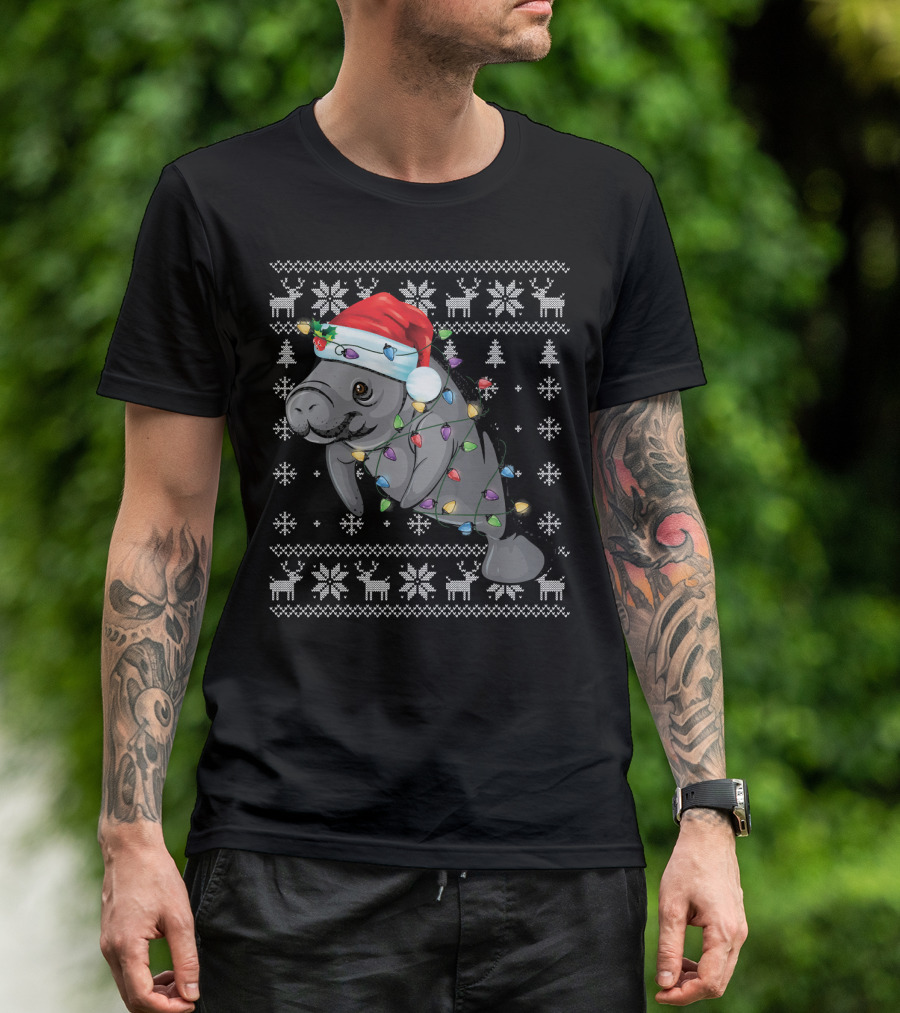 Funny Manatee In Santa Hat Ugly Christmas Lights Reindeer Snowflakes T-Shirt