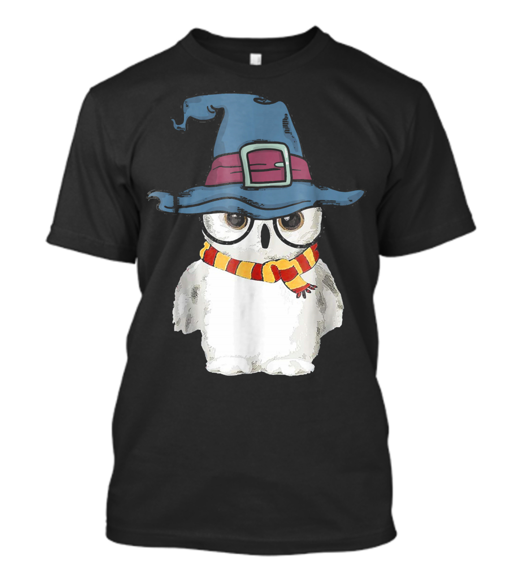 Funny Cute Owl In Magical Wizard Hat With Striped Scarf T-Shirt