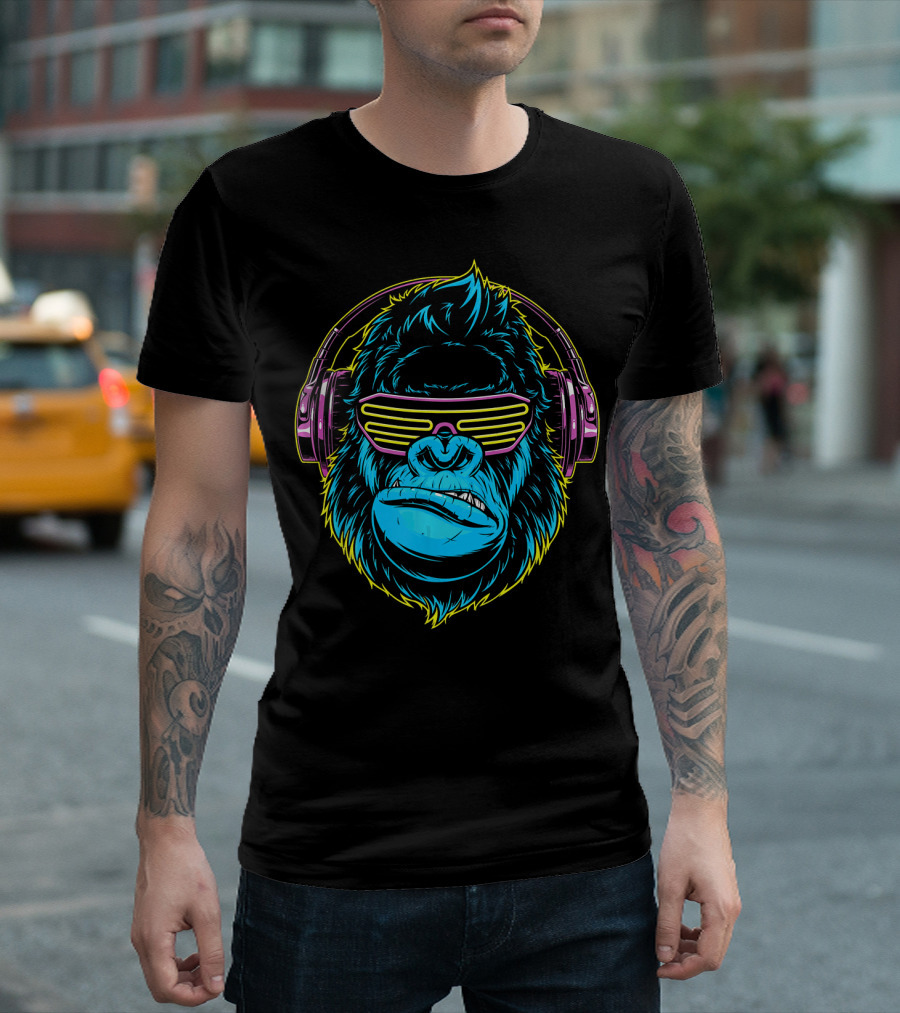 Gorilla with Headphones and Neon Glasses T-Shirt