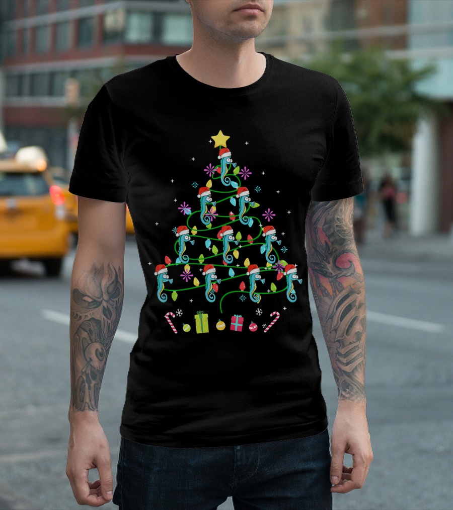 Funny Seahorse Christmas Tree with Santa Hats and Colorful Lights T-Shirt