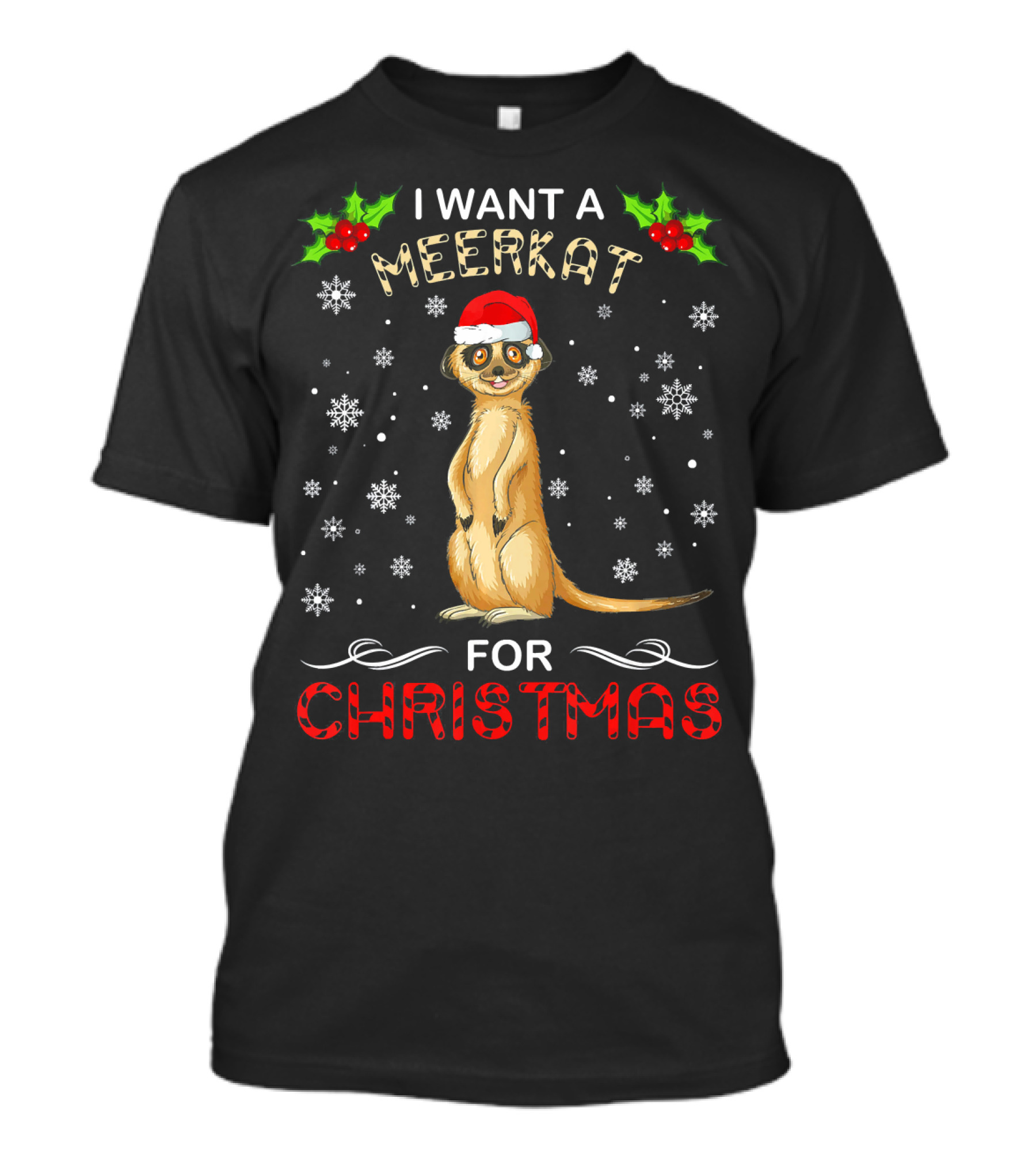 I Want A Meerkat For Christmas Snowflakes Santa Hat Berries T-Shirt