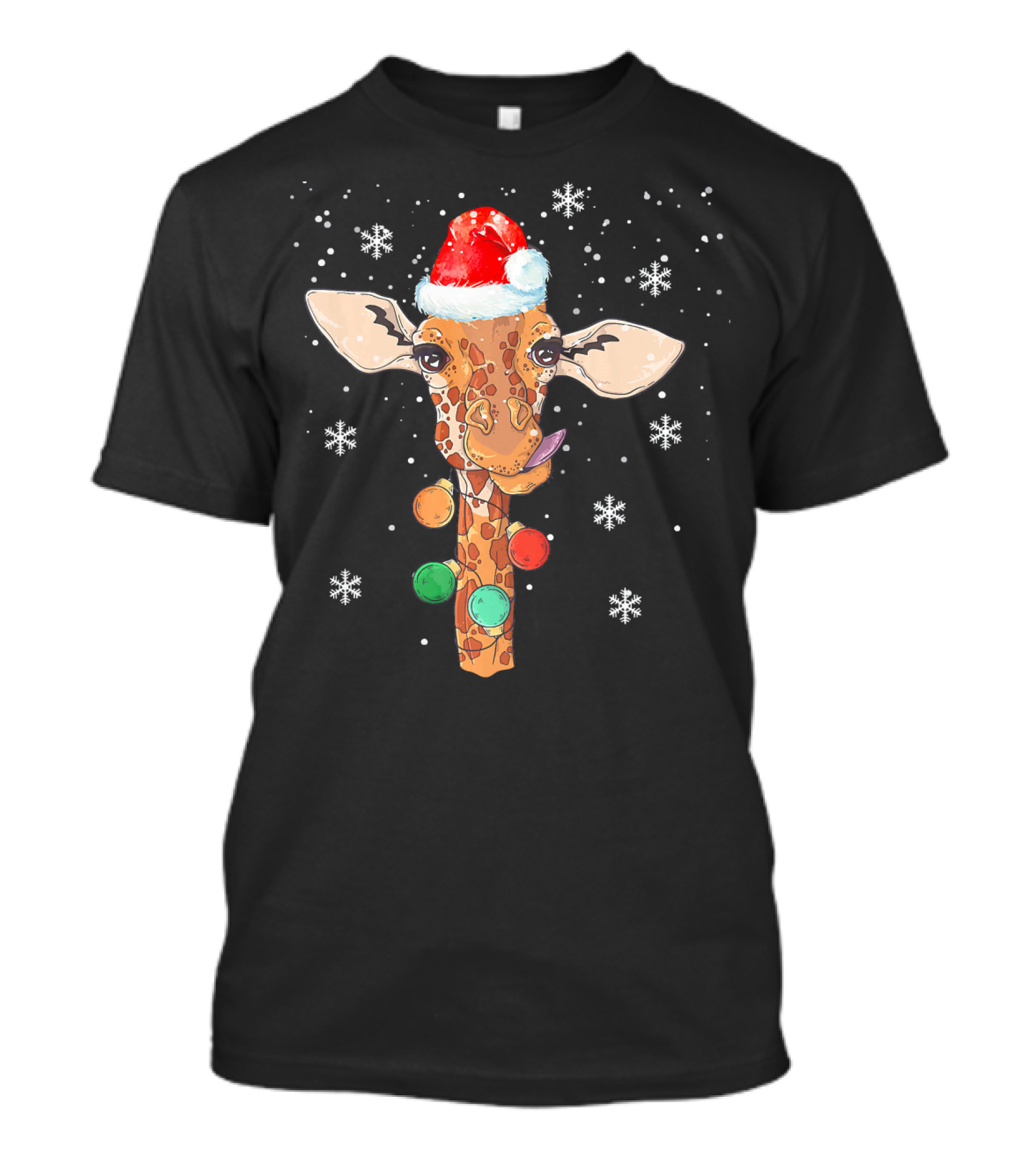 Giraffe In Santa Hat With Christmas Lights And Snowflakes T-Shirt