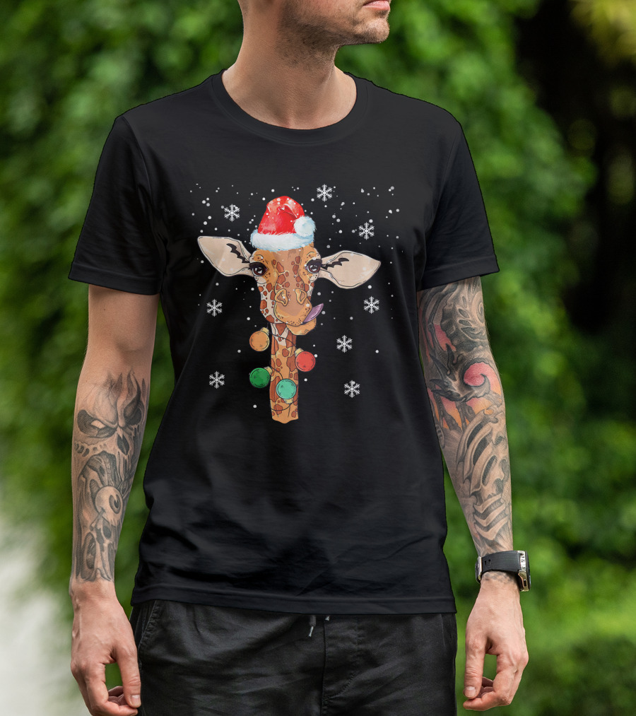 Giraffe In Santa Hat With Christmas Lights And Snowflakes T-Shirt