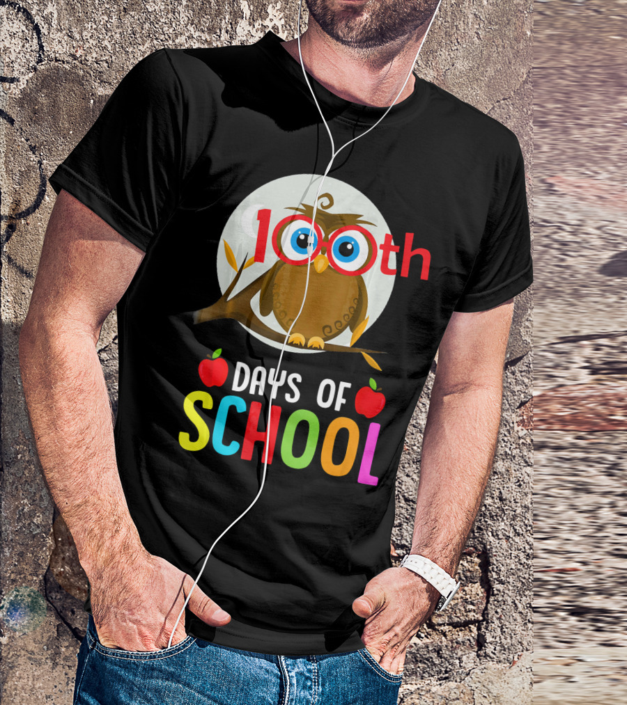 100th Day Of School Funny Teacher Student Owl Apples T-Shirt