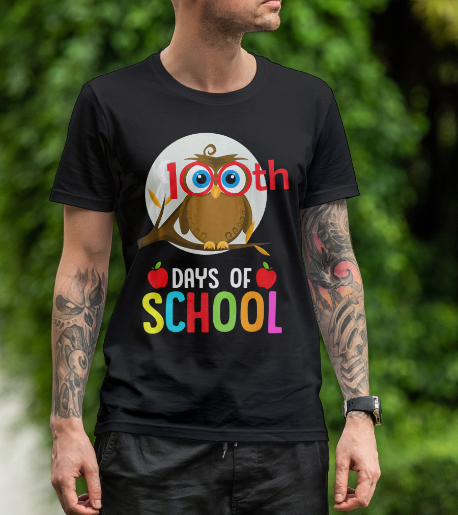 100th Day Of School Funny Teacher Student Owl Apples T-Shirt
