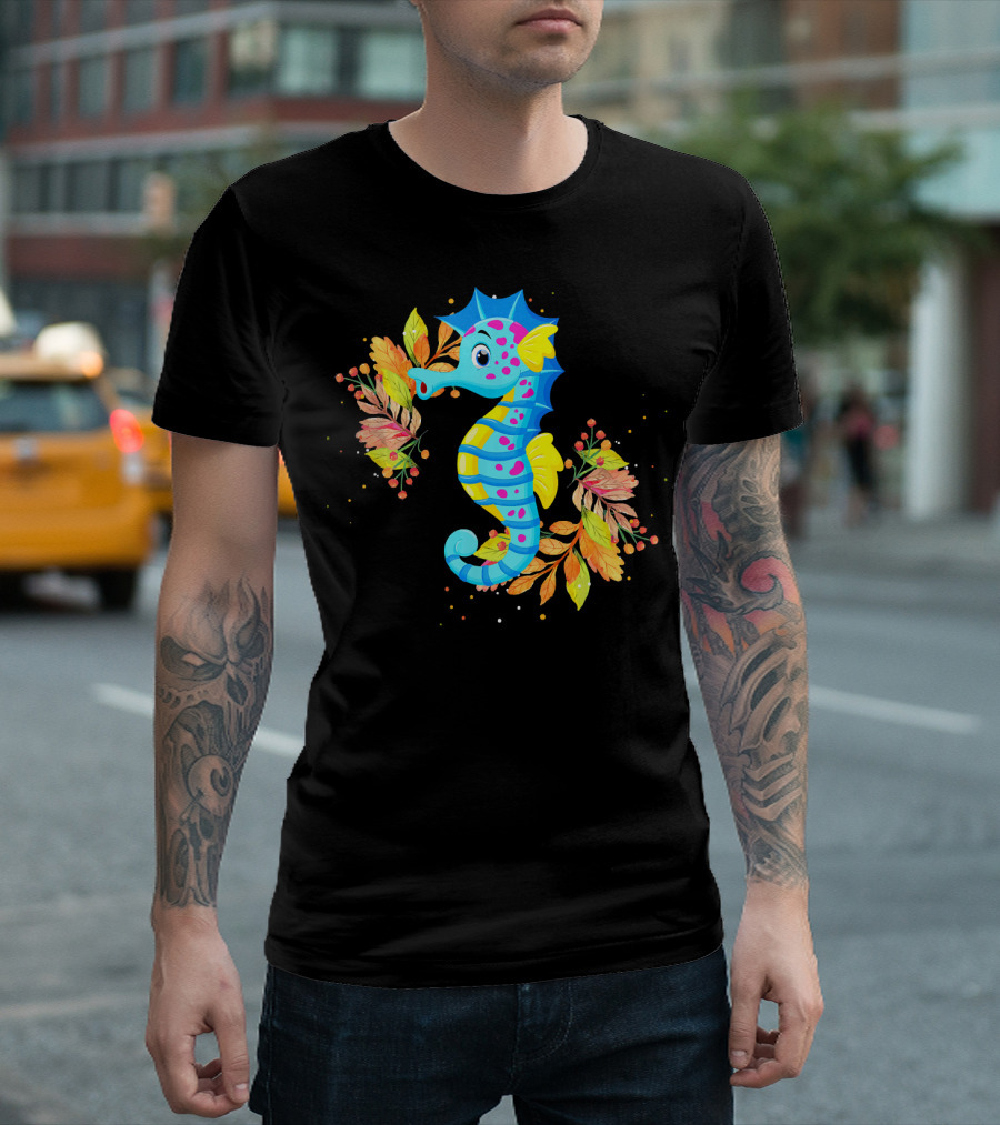 Cute Seahorse With Colorful Autumn Leaves T-Shirt