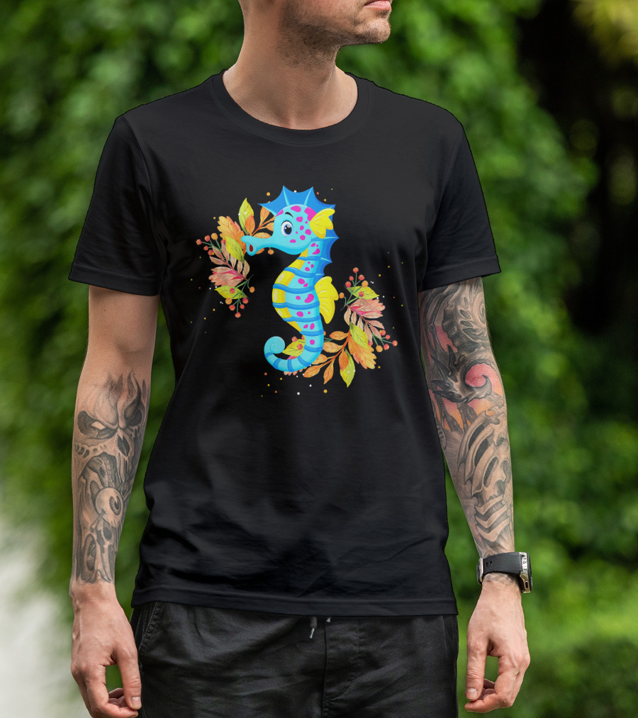 Cute Seahorse With Colorful Autumn Leaves T-Shirt