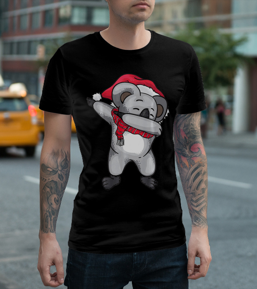 Dabbing Koala With Santa Hat And Festive Christmas Scarf T-Shirt