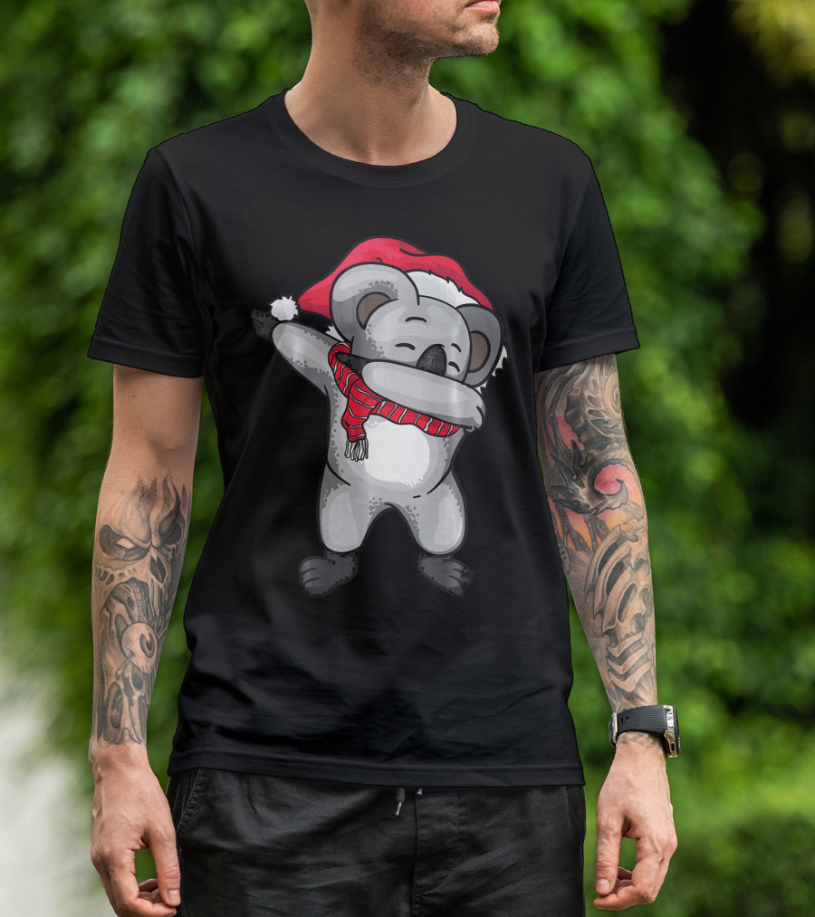 Dabbing Koala With Santa Hat And Festive Christmas Scarf T-Shirt