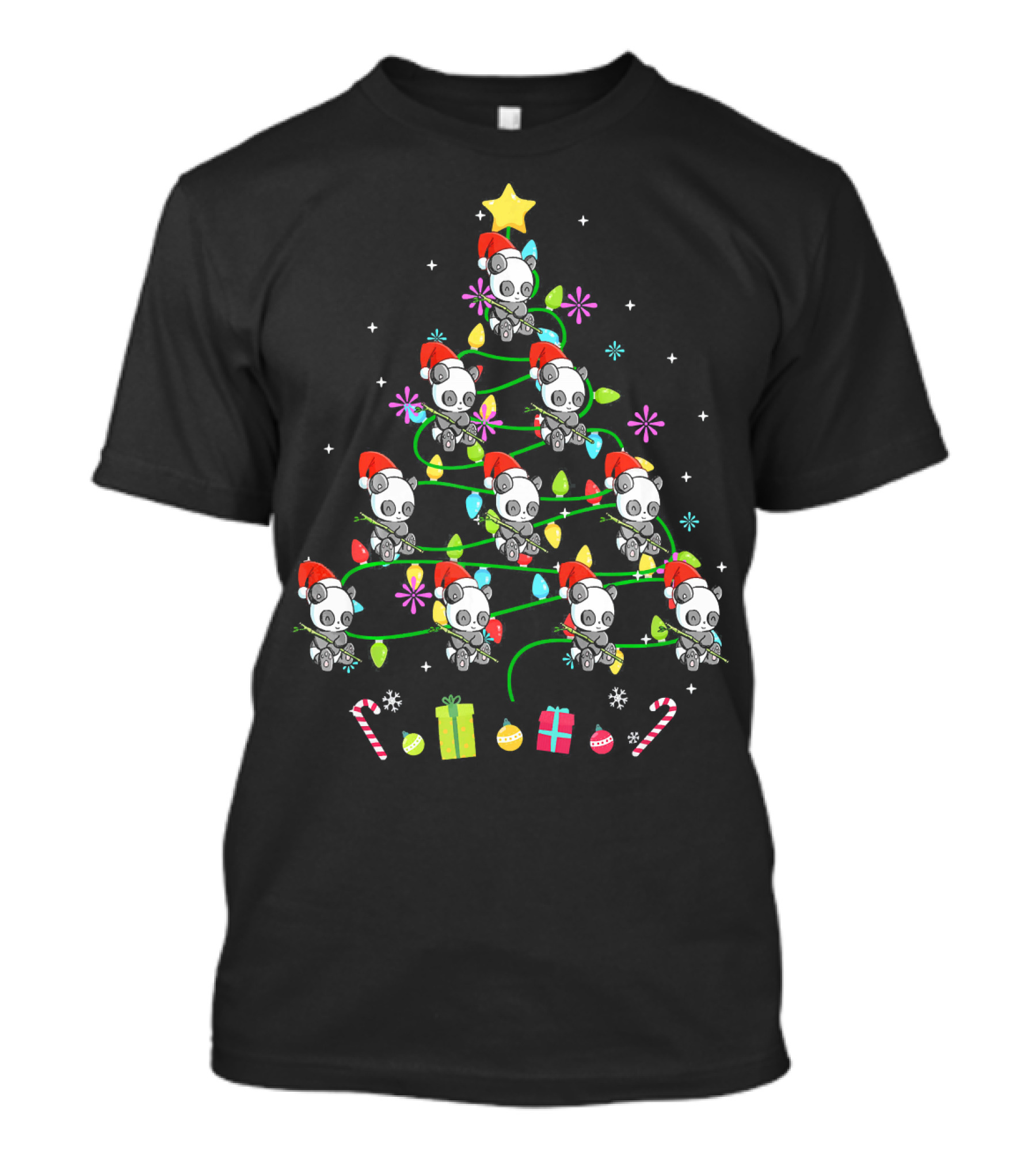 Panda Christmas Tree With Santa Hats And Colorful Lights T-Shirt