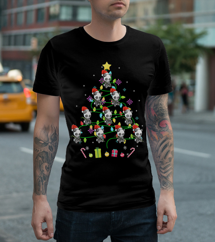 Panda Christmas Tree With Santa Hats And Colorful Lights T-Shirt