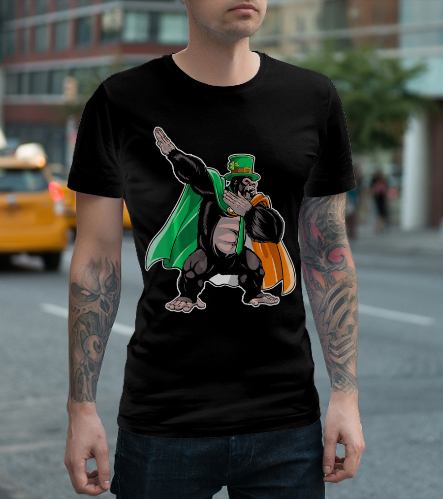 St. Patrick's Day Dabbing Gorilla Costume With Cape And Clover Hat T-Shirt