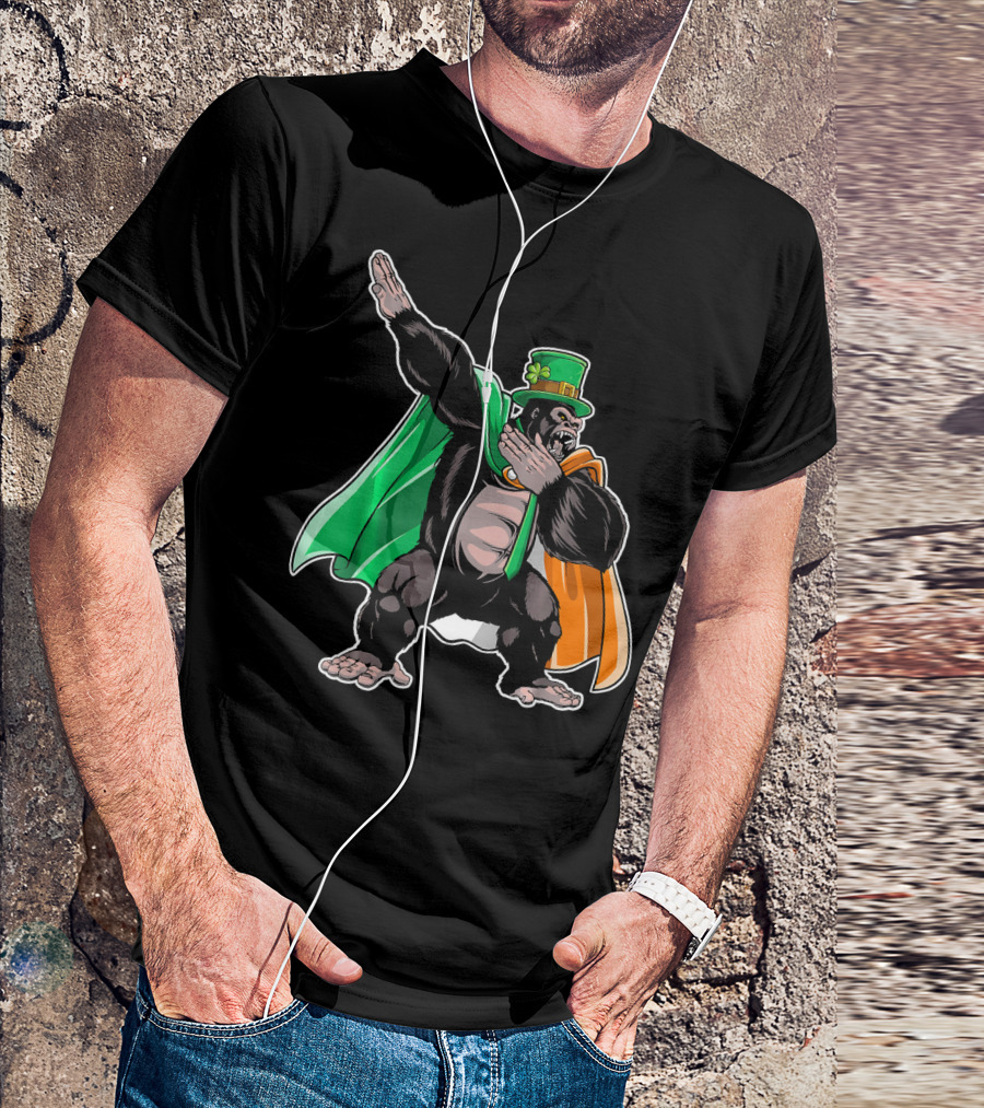 St. Patrick's Day Dabbing Gorilla Costume With Cape And Clover Hat T-Shirt