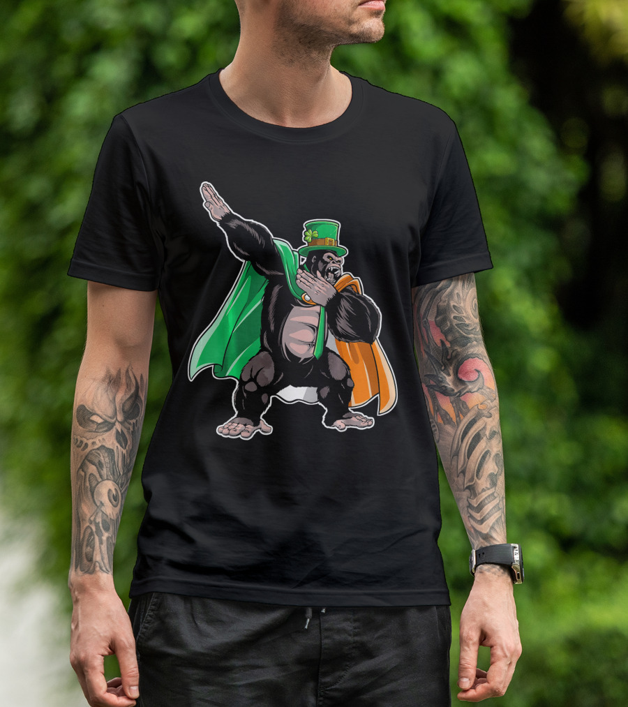 St. Patrick's Day Dabbing Gorilla Costume With Cape And Clover Hat T-Shirt