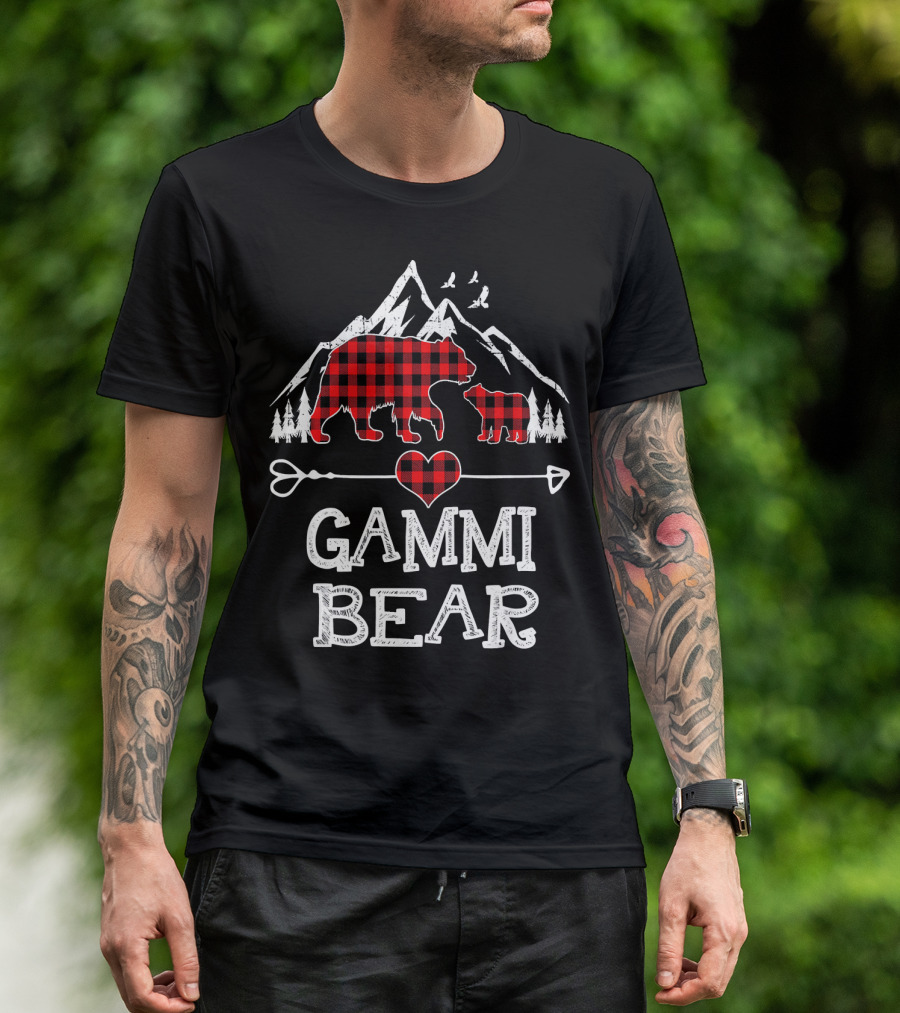 Gammi Bear Red Plaid Christmas Mountains And Heart Arrow T-Shirt
