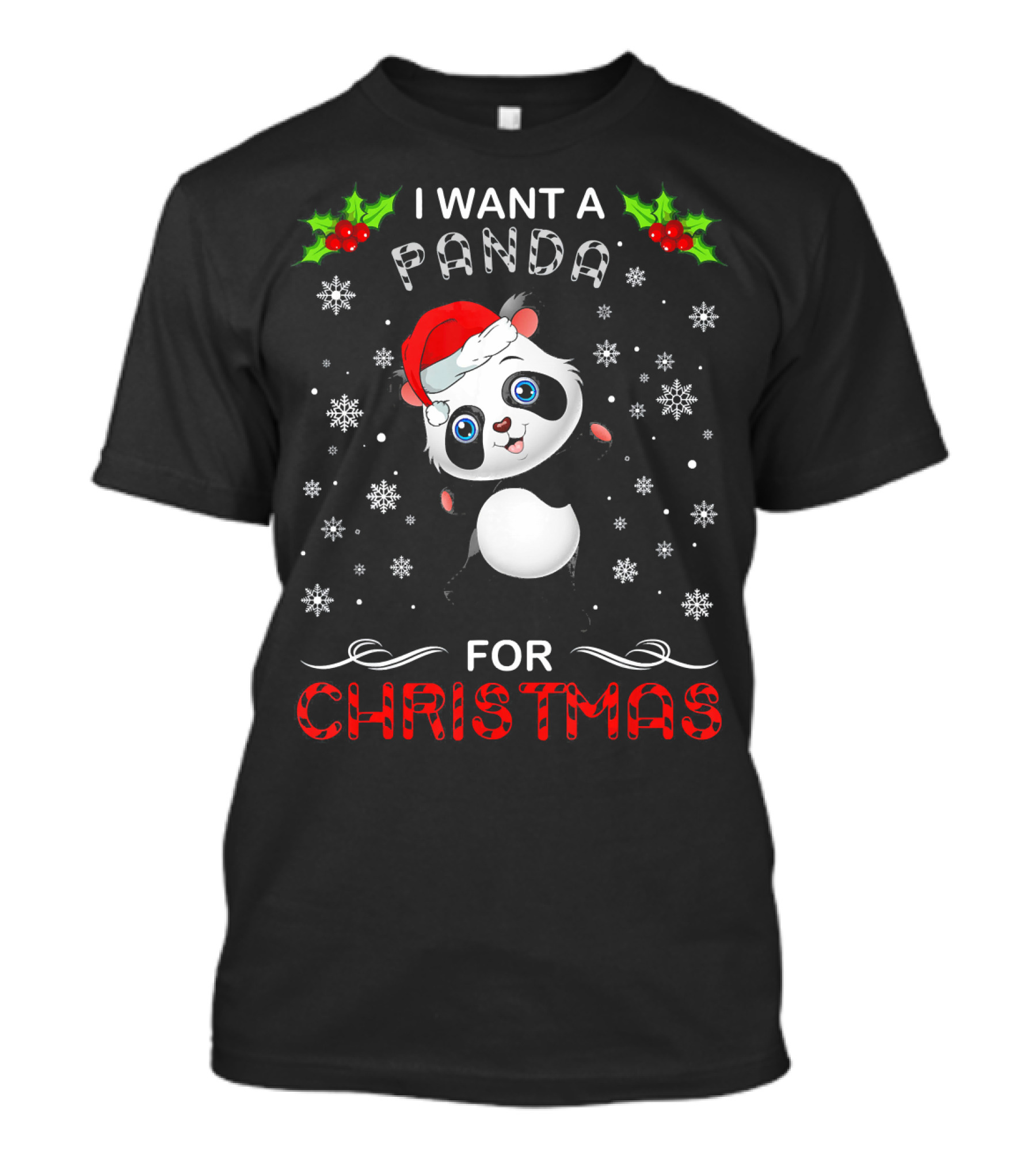 I Want A Panda For Christmas With Cute Santa Hat Snowflakes And Holly T-Shirt