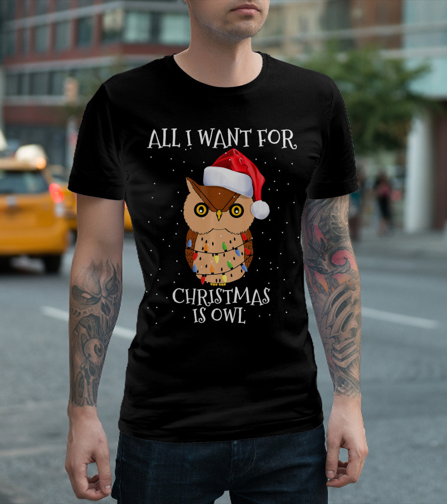 All I Want for Christmas Is Owl Santa Hat Funny Lights T-Shirt
