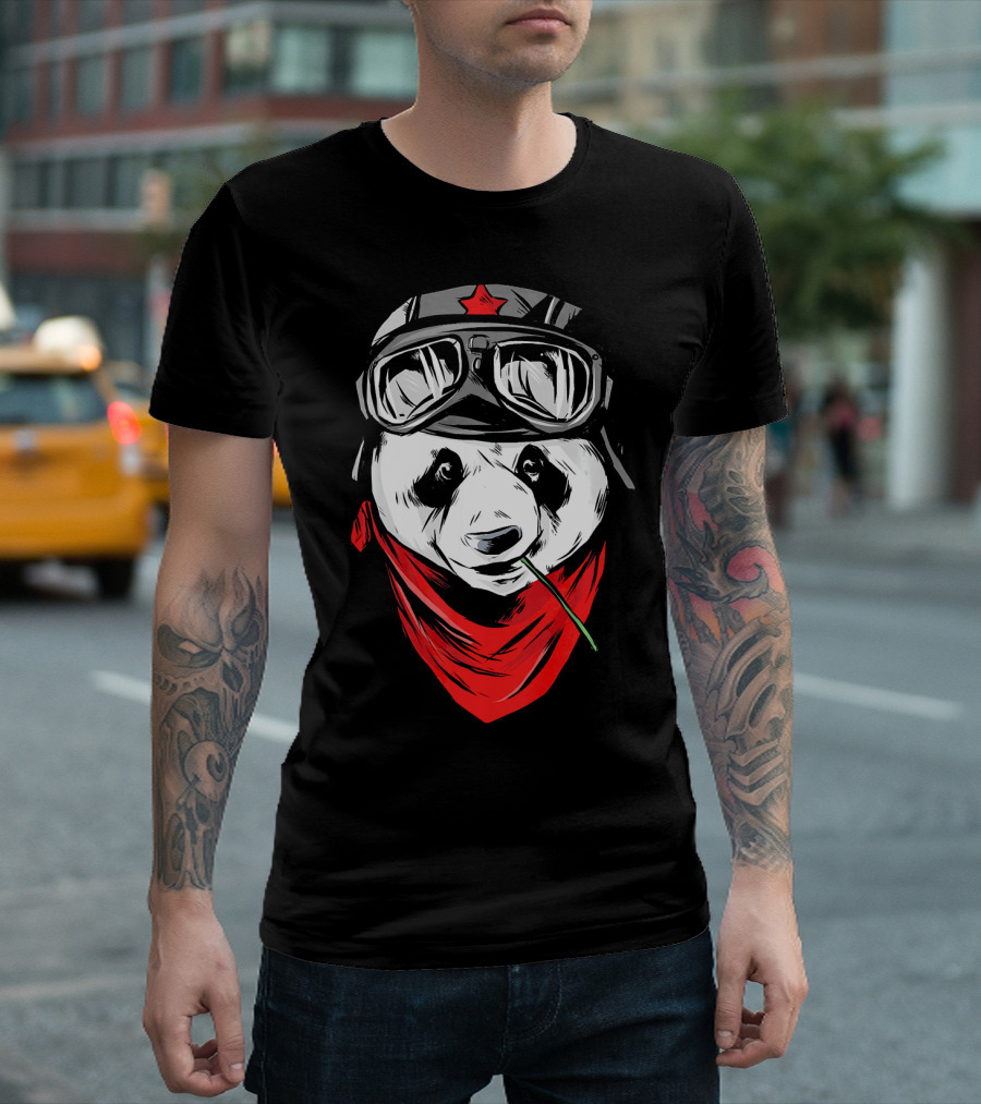 Cute Panda Bear Wearing Steampunk Aviator Helmet with Red Star and Scarf T-Shirt