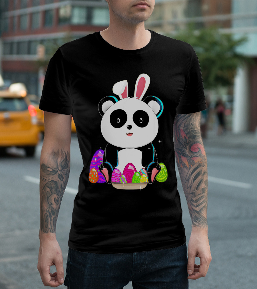 Easter Panda Bear With Bunny Ears And Colorful Eggs T-Shirt
