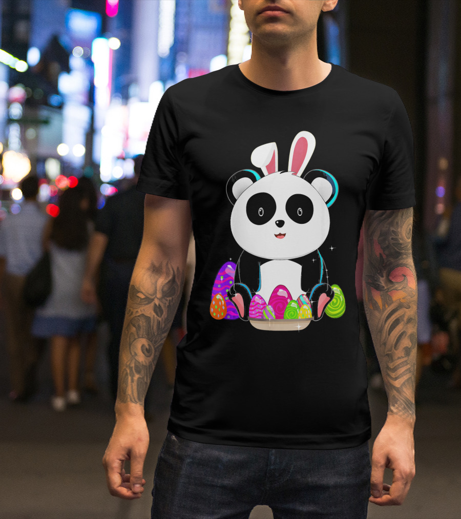 Easter Panda Bear With Bunny Ears And Colorful Eggs T-Shirt