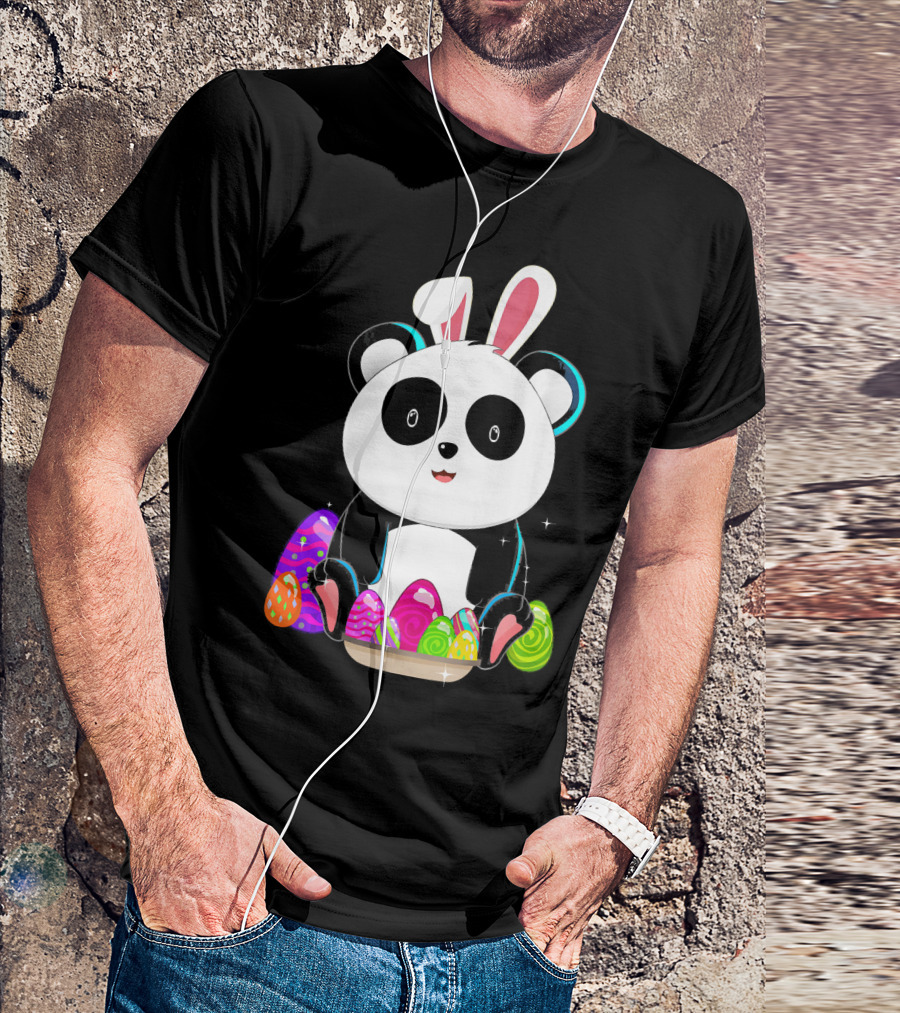 Easter Panda Bear With Bunny Ears And Colorful Eggs T-Shirt