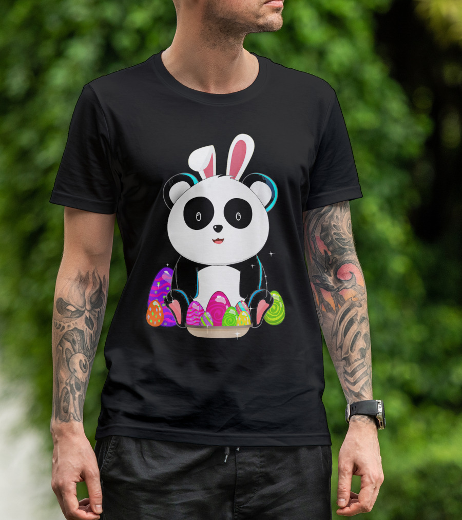 Easter Panda Bear With Bunny Ears And Colorful Eggs T-Shirt
